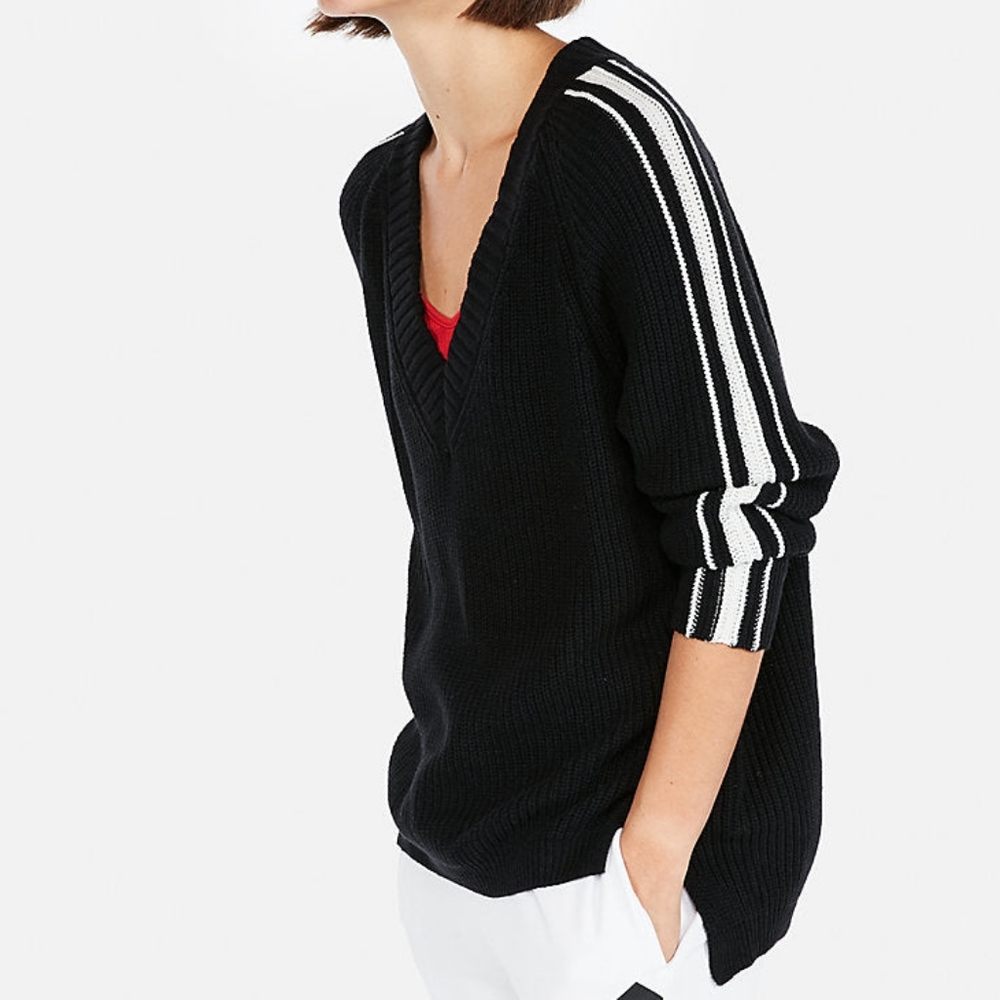 Express Stripe Oversized Shaker Knit Deep V-Neck Tunic Sweater